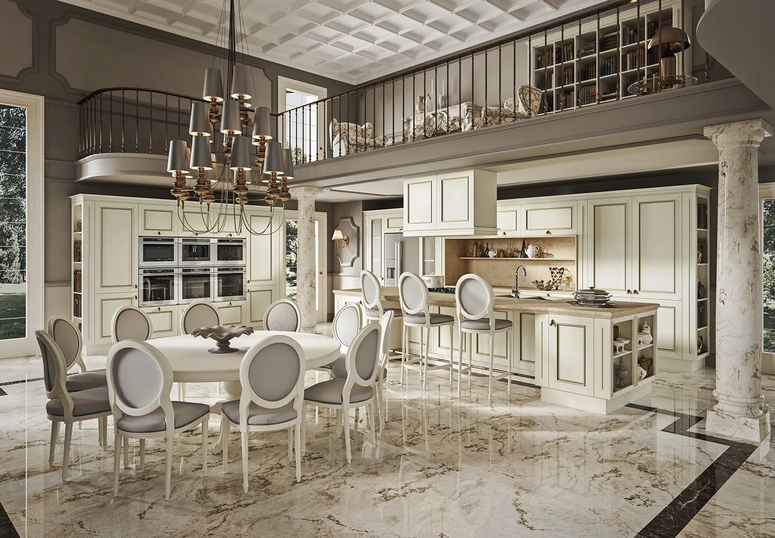 Cucina classica avorio aperta sulla sala da pranzo, con lampadario in ferro battuto
