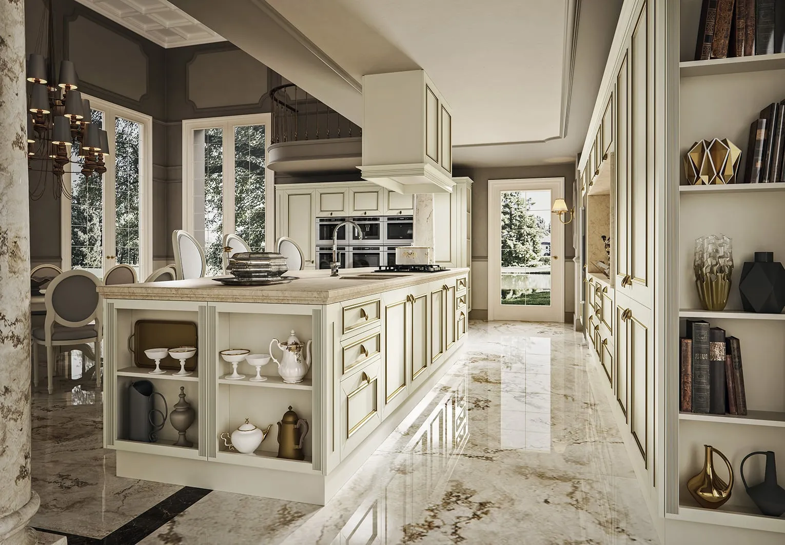 Cucina classica avorio con parete di vetrine e isola centrale