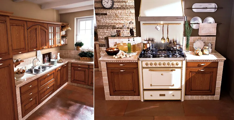 Cucina classica in noce scuro con cappa in muratura e piano cottura in ghisa