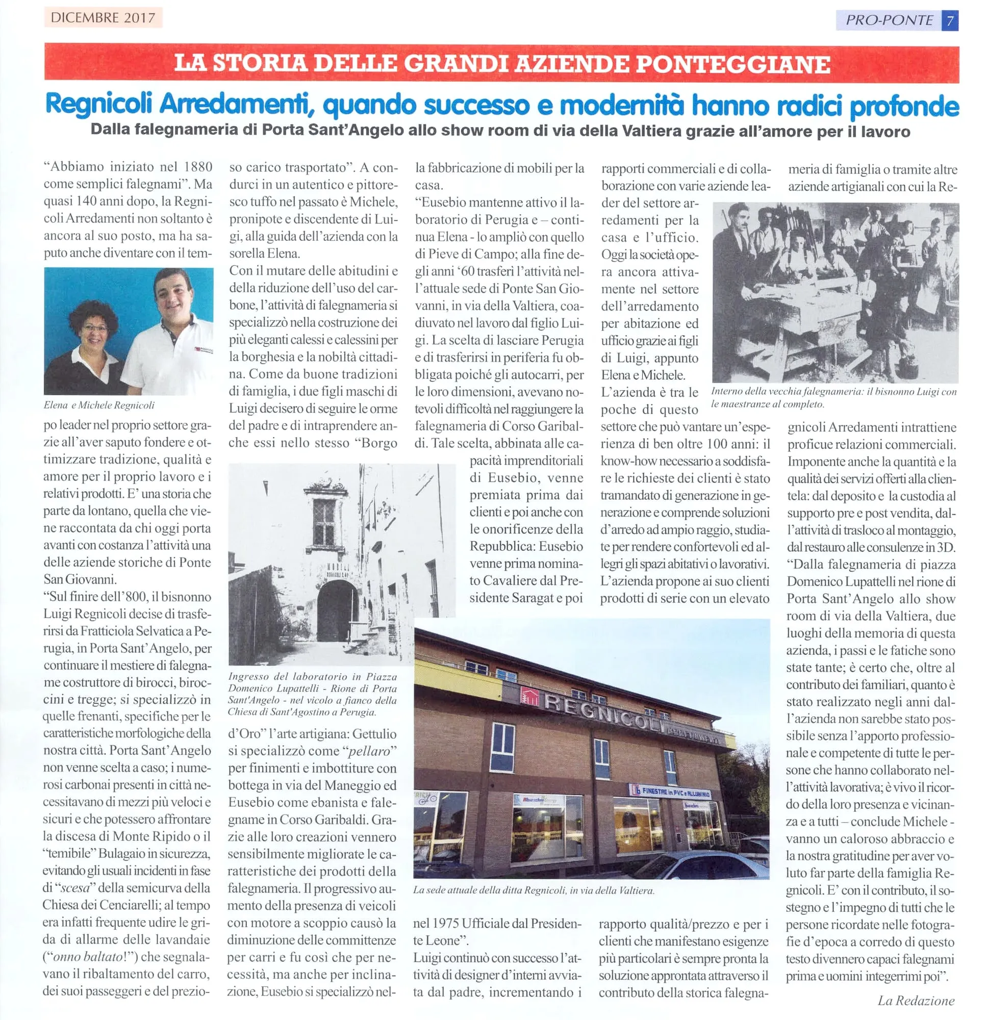 L’articolo di giornale dedicato alla storia di Arredamenti Regnicoli a Ponte San Giovanni