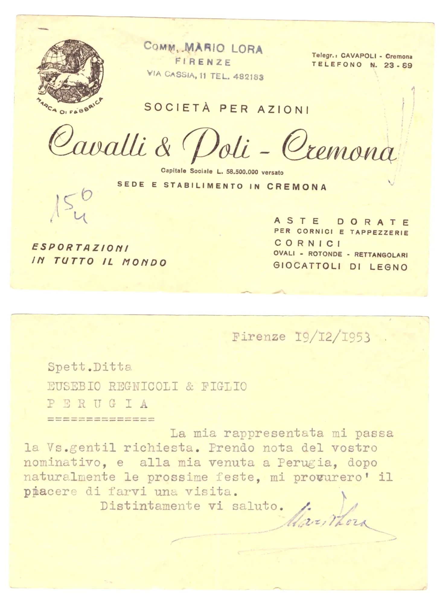 Una lettera del 1953 della Cavalli & Poli di Cremona indirizzata alla ditta Regnicoli